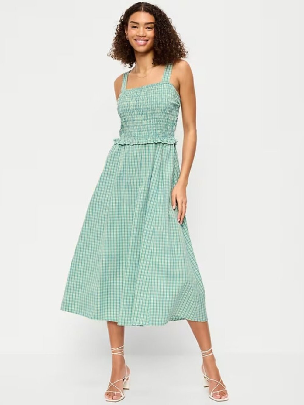 Old Navy Smocked Midi Dress S Small Green Plaid Fit Flare Cotton Cottagecore